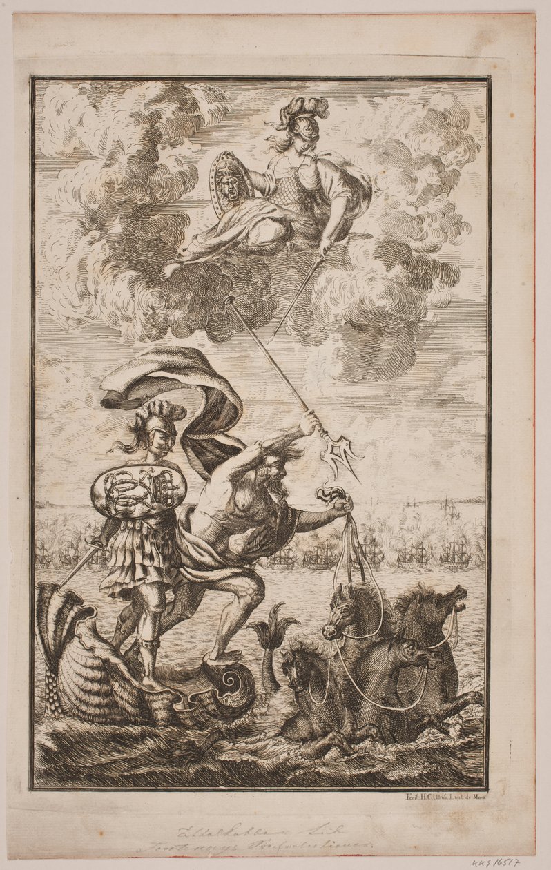 Neptun se řítí nad mořem. Titulní strana pro Fontenay, "Söe-Evolution"; Kodaň 1743 od Hans Henrich Christian Ulrich