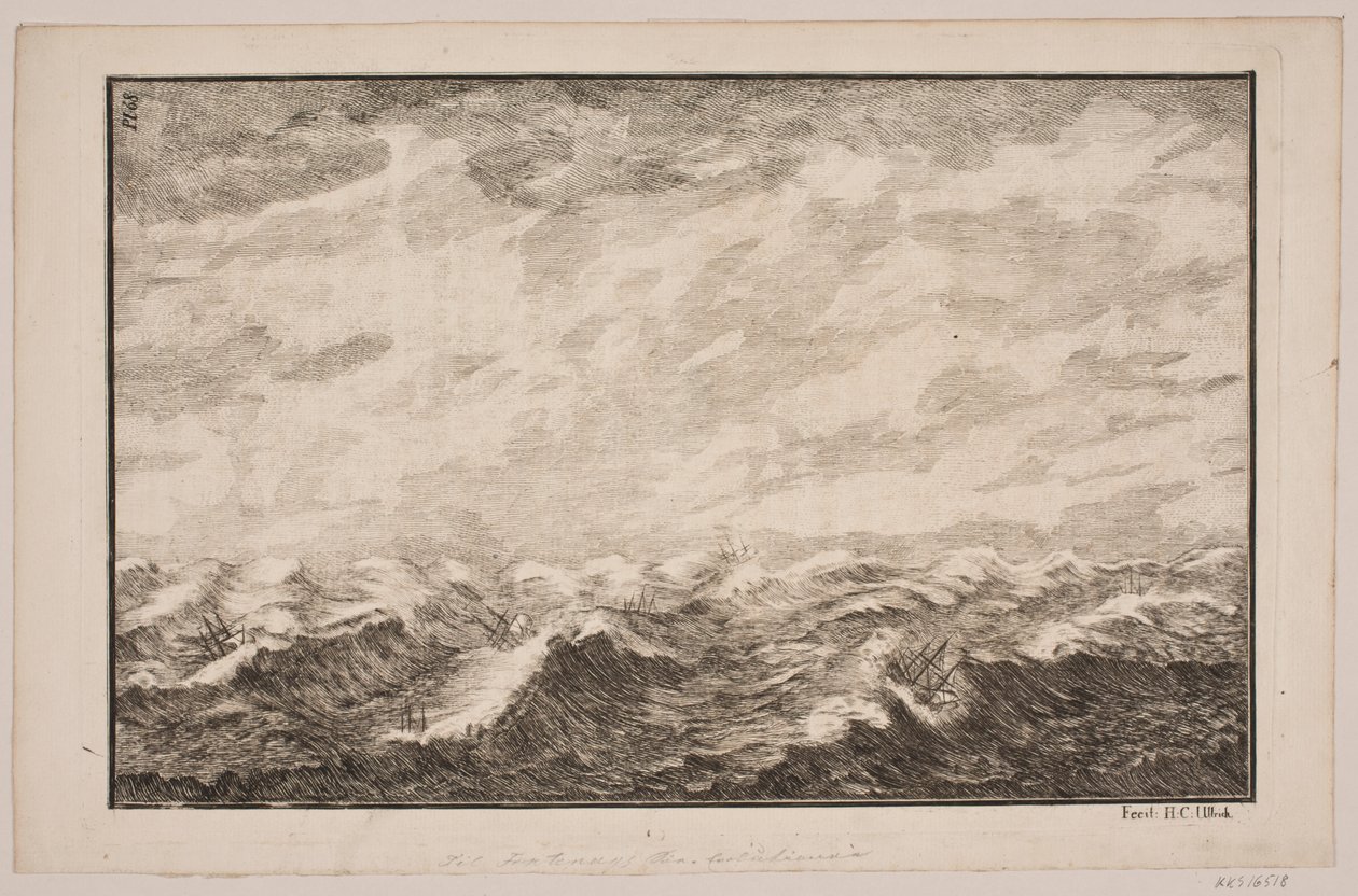 Lodě v rozbouřeném moři. Ilustrace pro Fontenay, "Söe-Evolution"; Kodaň 1743 od Hans Henrich Christian Ulrich