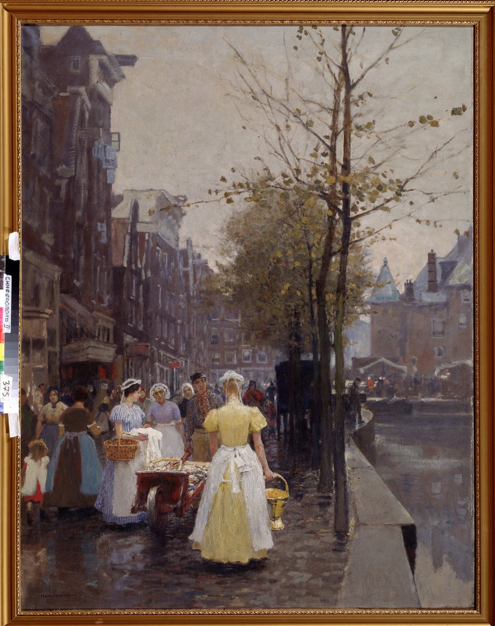 ""Říjnové ráno v ulicích Amsterdamu"" (Říjnové ráno v Amsterdamu) Sluhové mají v ulicích plné ruce práce. Obraz Hanse Hermanna (1813-1890) Regionální muzeum umění 19. století, Simferopol Ukrajina od Hans Hermann