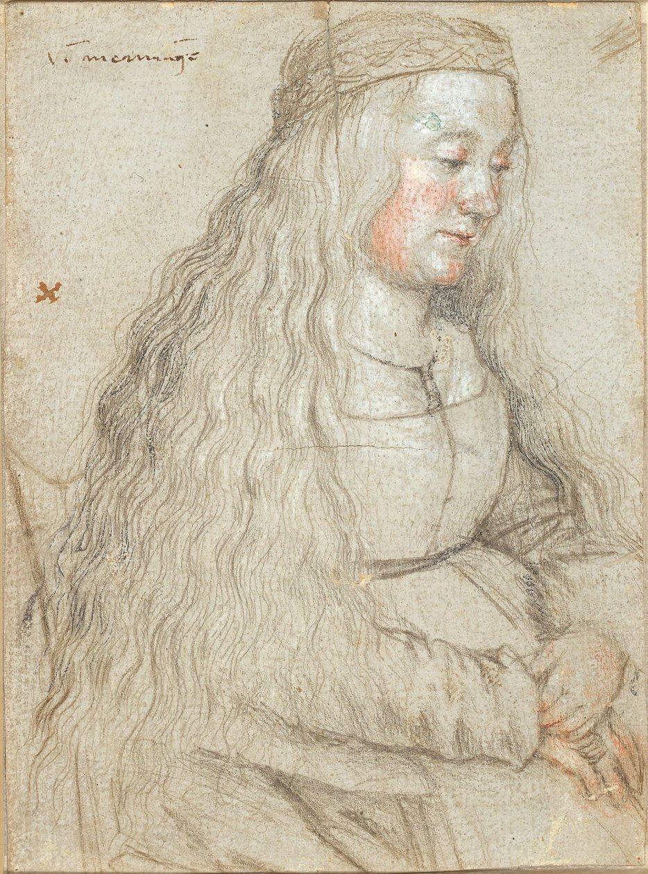 Sedící nevěsta s vlajícími vlasy a čelenkou od Hans Holbein d.Æ.