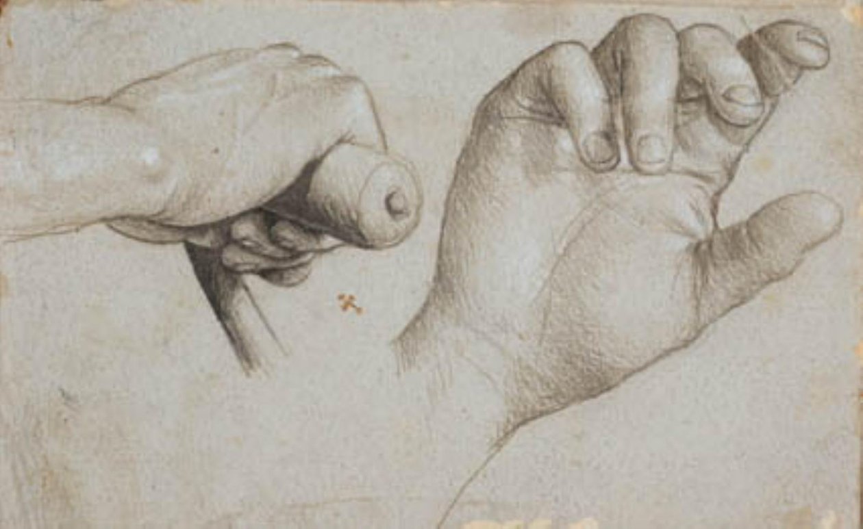 Studie ruky střelce z kuše a pravé ruky svatého Šebestiána od Hans Holbein d.Æ.