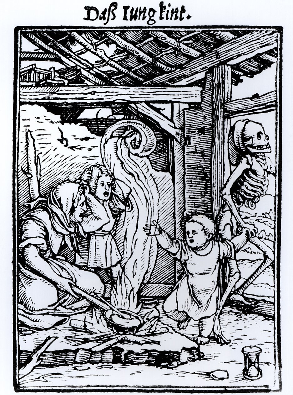 Smrt bere dítě, ze série "Tanec smrti", rytina Hanse Lutzelburgera, asi 1526-8 od Hans Holbein der Jüngere