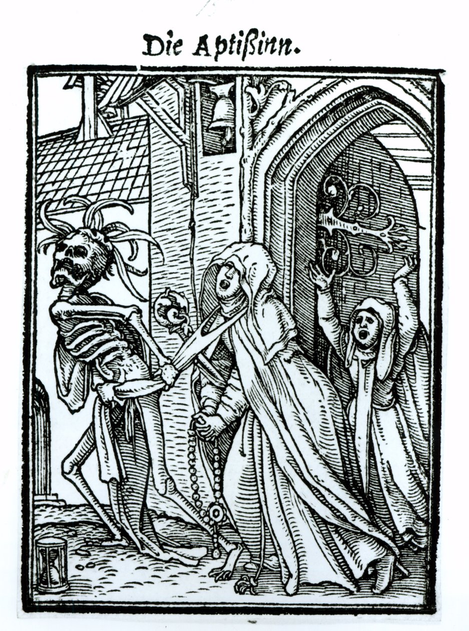 Smrt a opatka, z „Tance smrti“, vyryl Hans Lutzelburger, kolem roku 1538 od Hans Holbein der Jüngere