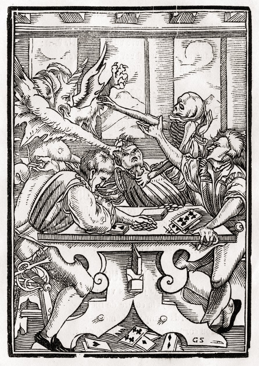 Smrt a ďábel přicházejí pro hráče karet, vyryl Georg Scharffenberg, z „Der Todten Tanz“, vydaného v Basileji, 1843 od Hans Holbein der Jüngere