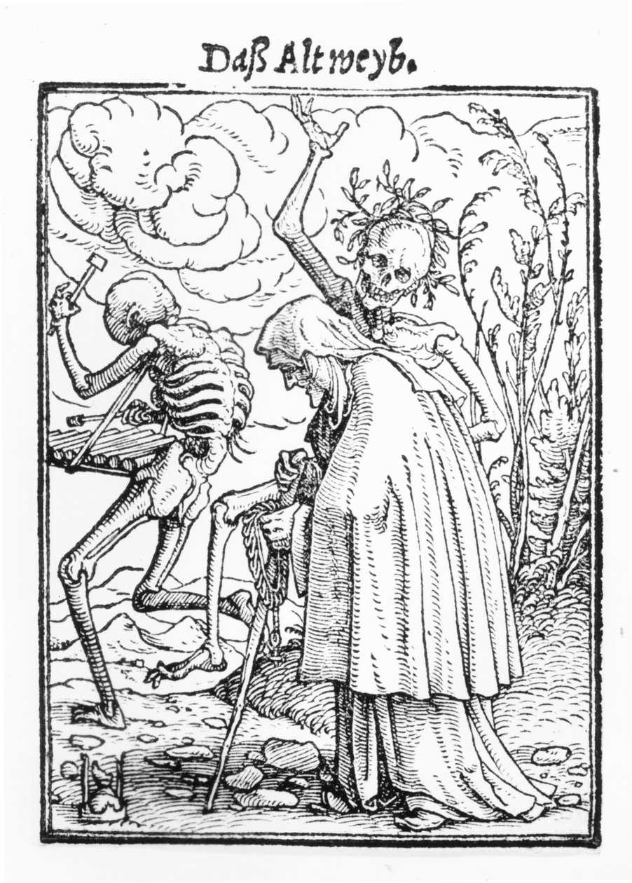 Smrt a stará žena, z „Tance smrti“, vyryl Hans Lutzelburger, kolem roku 1538 (dřevořez) (černobílá fotografie) od Hans Holbein der Jüngere