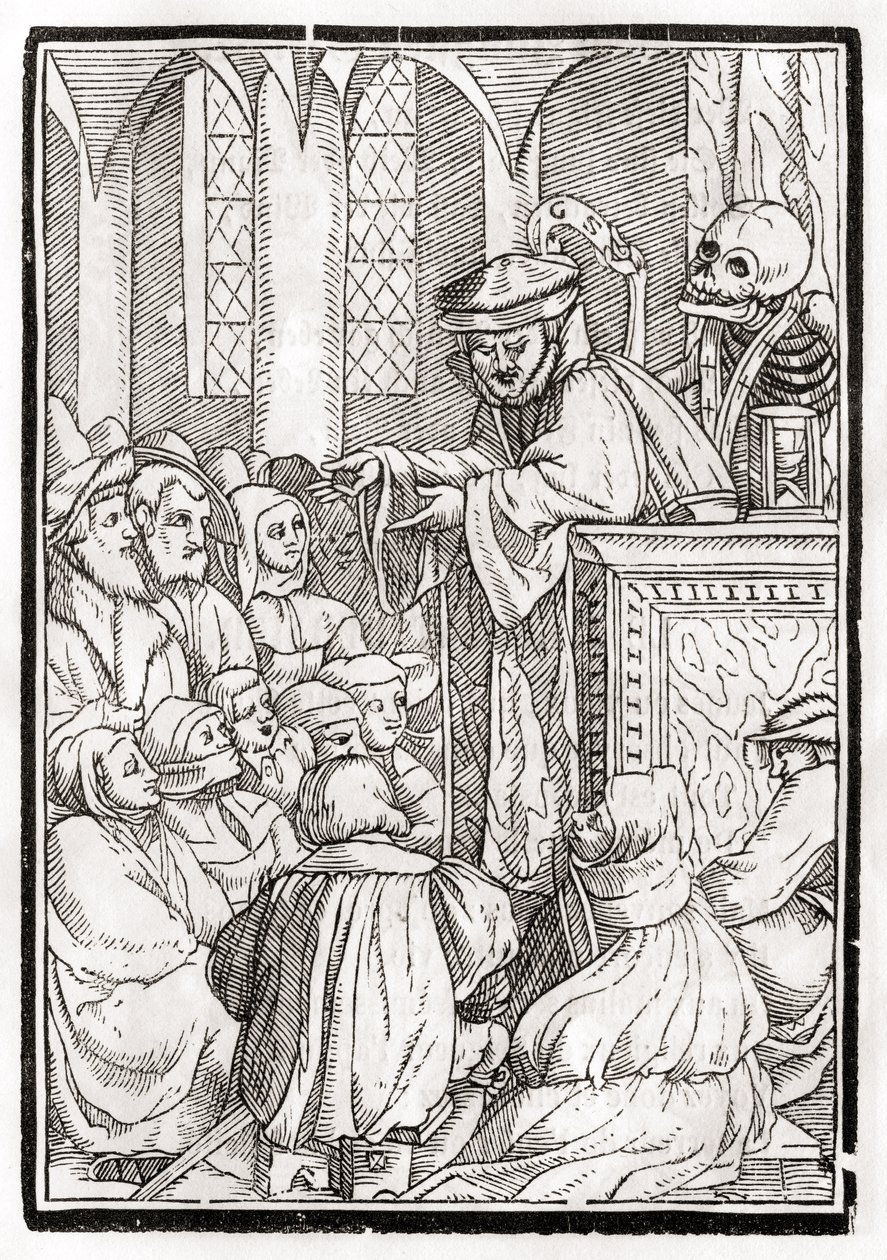Smrt přichází pro kazatele, vyryl Georg Scharffenberg, z „Der Todten Tanz“, vydaného v Basileji, 1843 od Hans Holbein der Jüngere