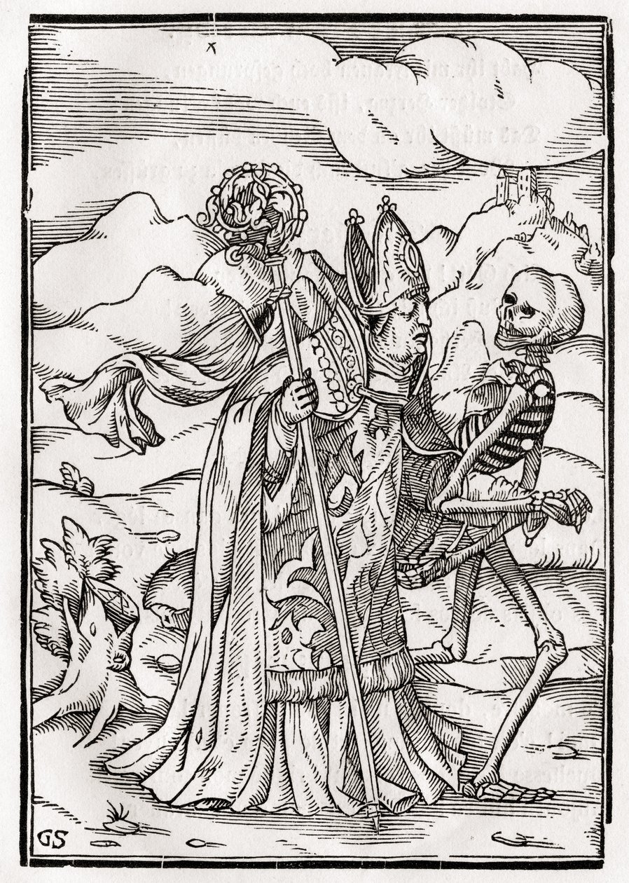 Smrt přichází k biskupovi, vyryl Georg Scharffenberg, z „Der Todten Tanz“, vydaného v Basileji, 1843 od Hans Holbein der Jüngere