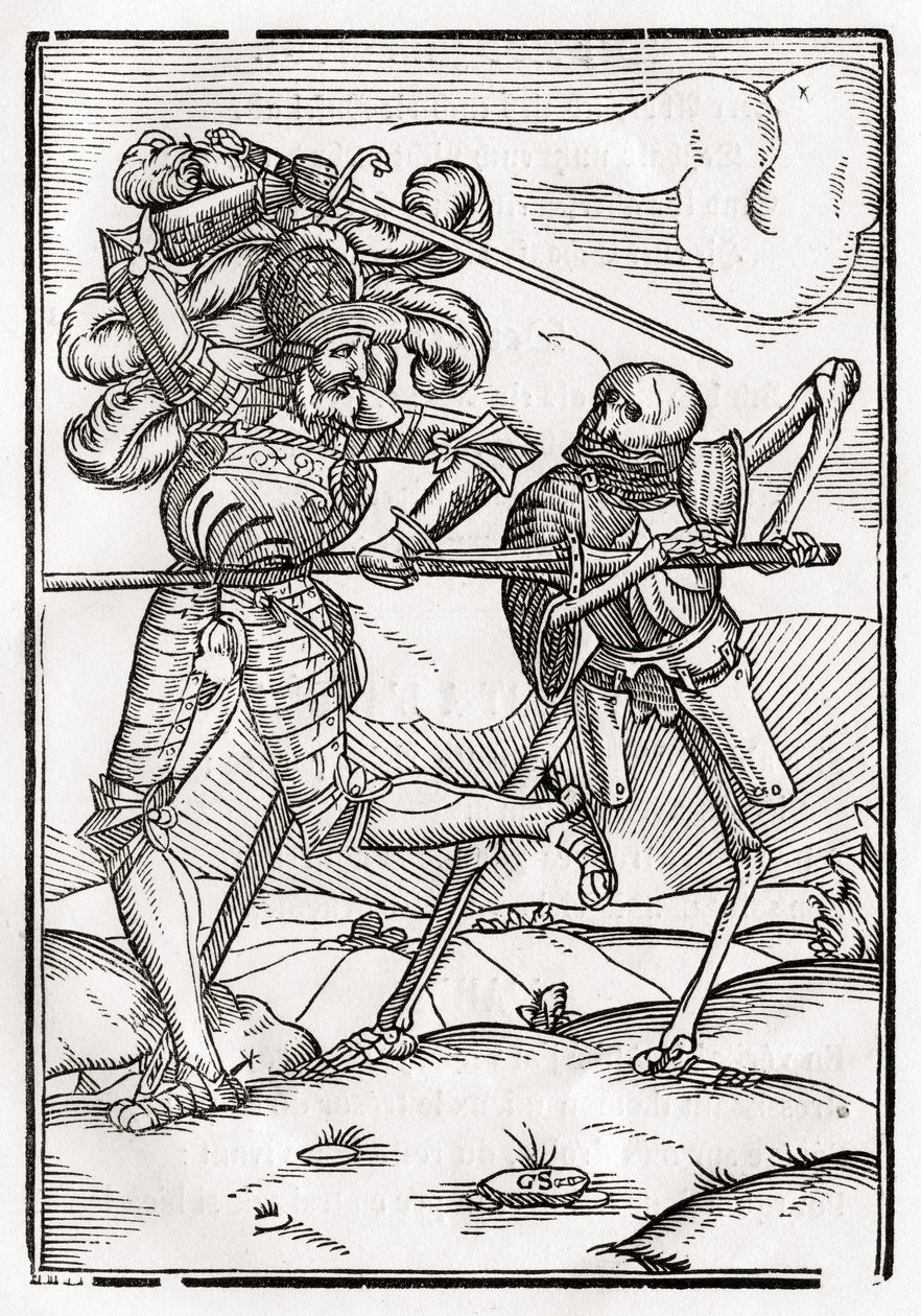 Smrt přichází k rytíři nebo hraběti, z „Der Todten Tanz“, vydaného v Basileji, 1843 od Hans Holbein der Jüngere