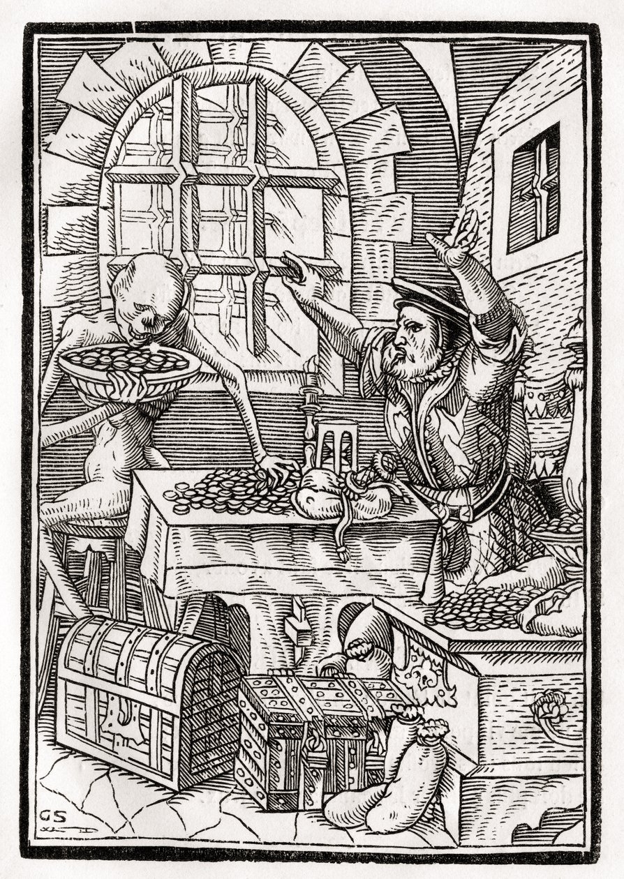 Smrt přichází k lakomcům nebo lichvářům, vyryl Georg Scharffenberg, z „Der Todten Tanz“, vydané v Basileji, 1843 od Hans Holbein der Jüngere
