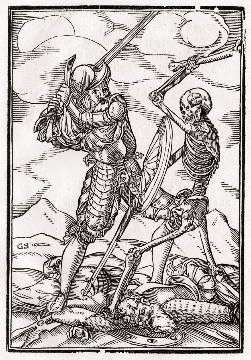 Smrt přichází k vojákovi, vyryl Georg Scharffenberg, z „Der Todten Tanz“, vydané Basilej, 1843 od Hans Holbein der Jüngere