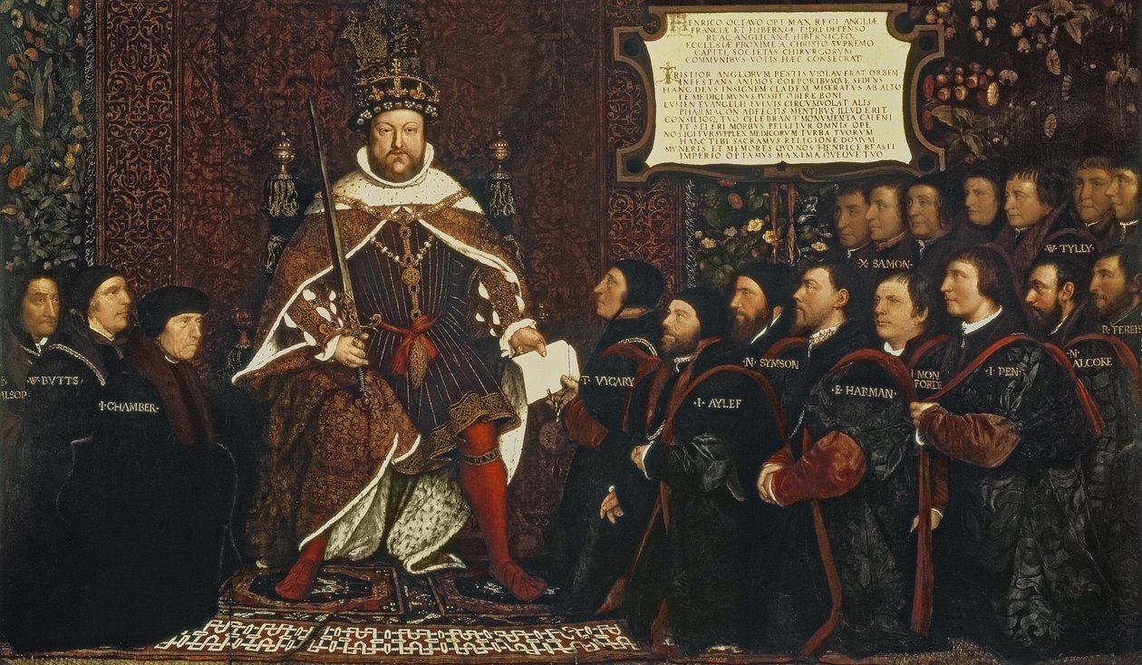 Jindřich VIII. předává listinu Thomasi Vicarymu, připomínající spojení cechů holičů a chirurgů, 1541 od Hans Holbein der Jüngere