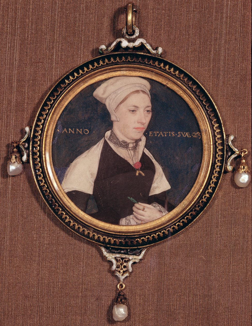 Miniaturní portrét Jane Small, dříve známé jako paní Robert Pemberton, kolem 1540 (wc na pergamenu připevněné na hrací kartě) od Hans Holbein der Jüngere