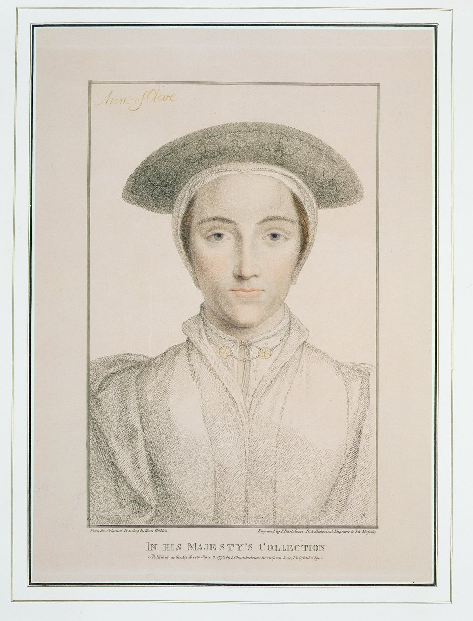Portrét královny Anny z Cleves (1515-57) vyrytý Francescem Bartolozzim (1727-1815) publikováno 1796 od Hans Holbein der Jüngere