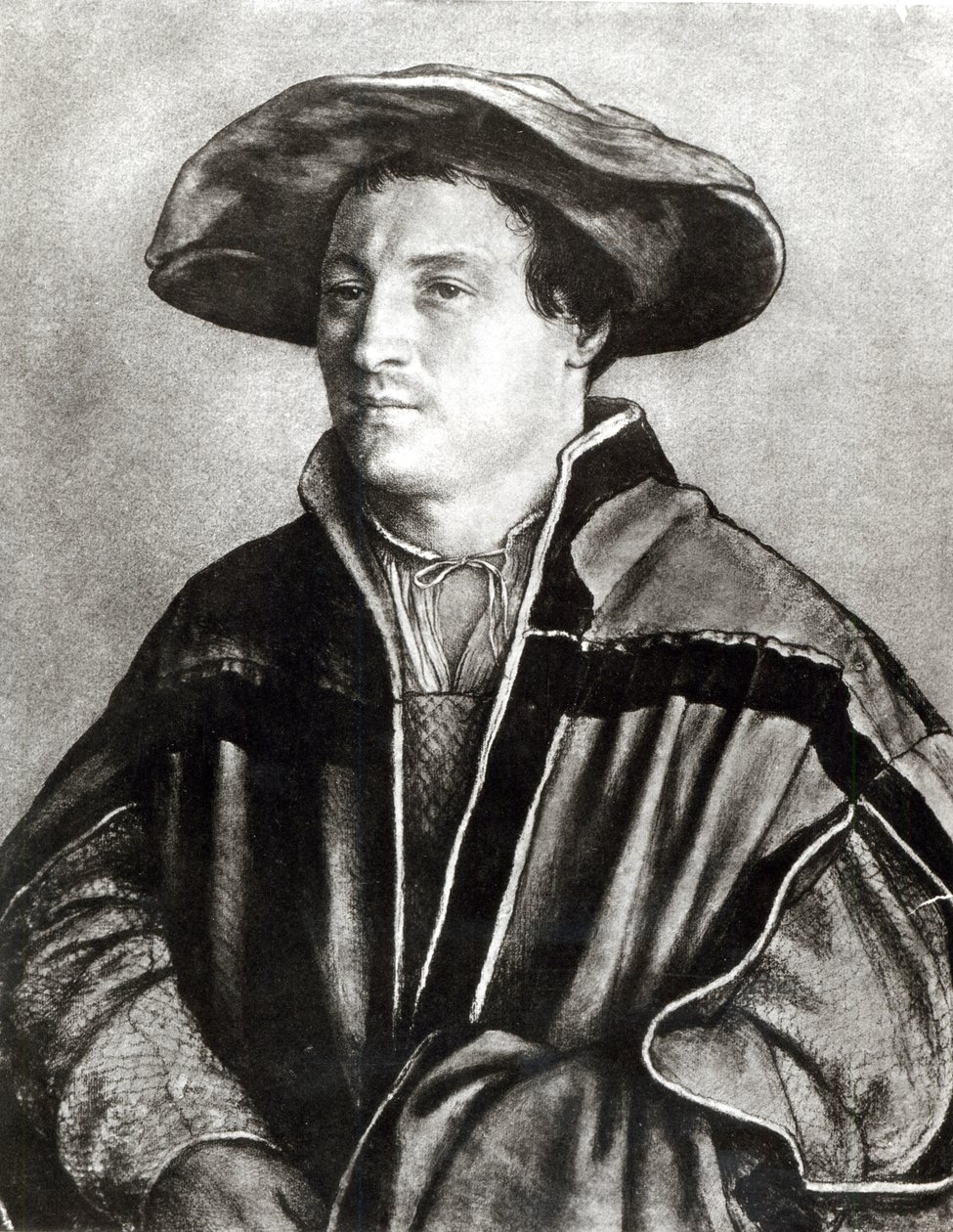 Portrét muže s červeným kloboukem, cca 1530 (křída a wc na papíře) od Hans Holbein der Jüngere