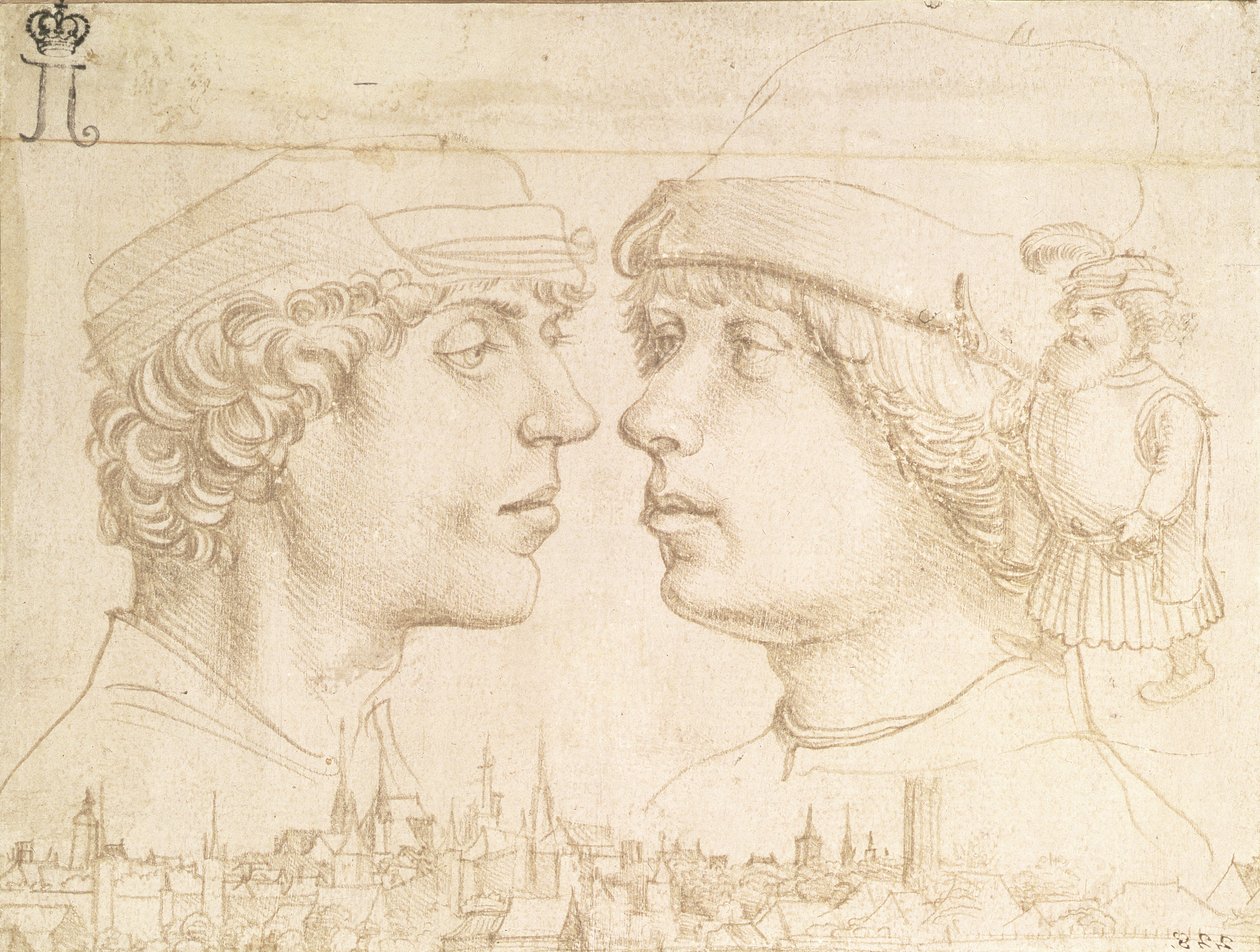 Portréty dvou mladých lidí, trpaslík a panoráma města, kolem roku 1514 (stříbrný bod) od Hans Holbein der Jüngere