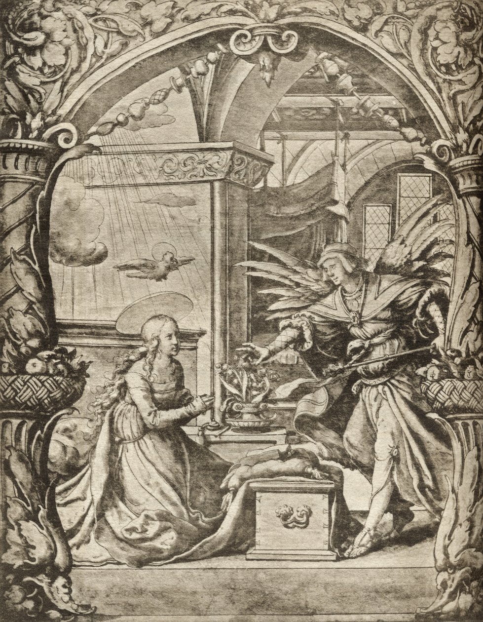 Zvěstování, z „Katalogu sbírky rytin, leptů a dřevořezů“, od Richarda Fishera, vydané 1879 (litho) od Hans Holbein der Jüngere