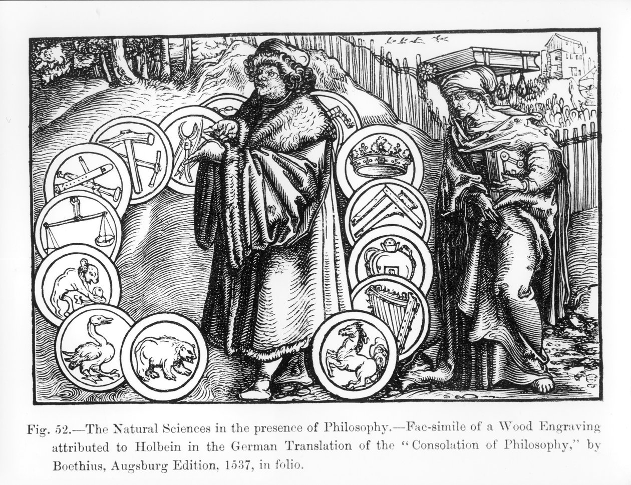 Přírodní vědy v přítomnosti filosofie, z německého vydání Boetiovy "Útěchy z filosofie" z roku 1537, ilustrace z knihy "Věda a literatura ve středověku a renesanci". od Hans Holbein der Jüngere