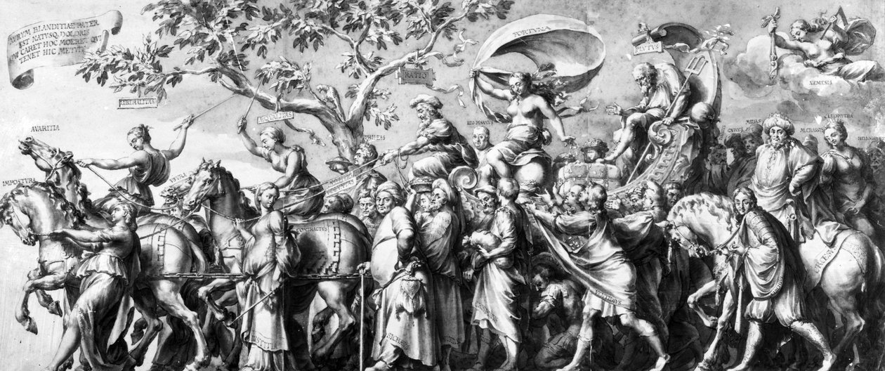 Triumf bohatství, kresba Jana de Bisschop, asi 1650 (pero, tuš a wash na papíře) od Hans Holbein der Jüngere