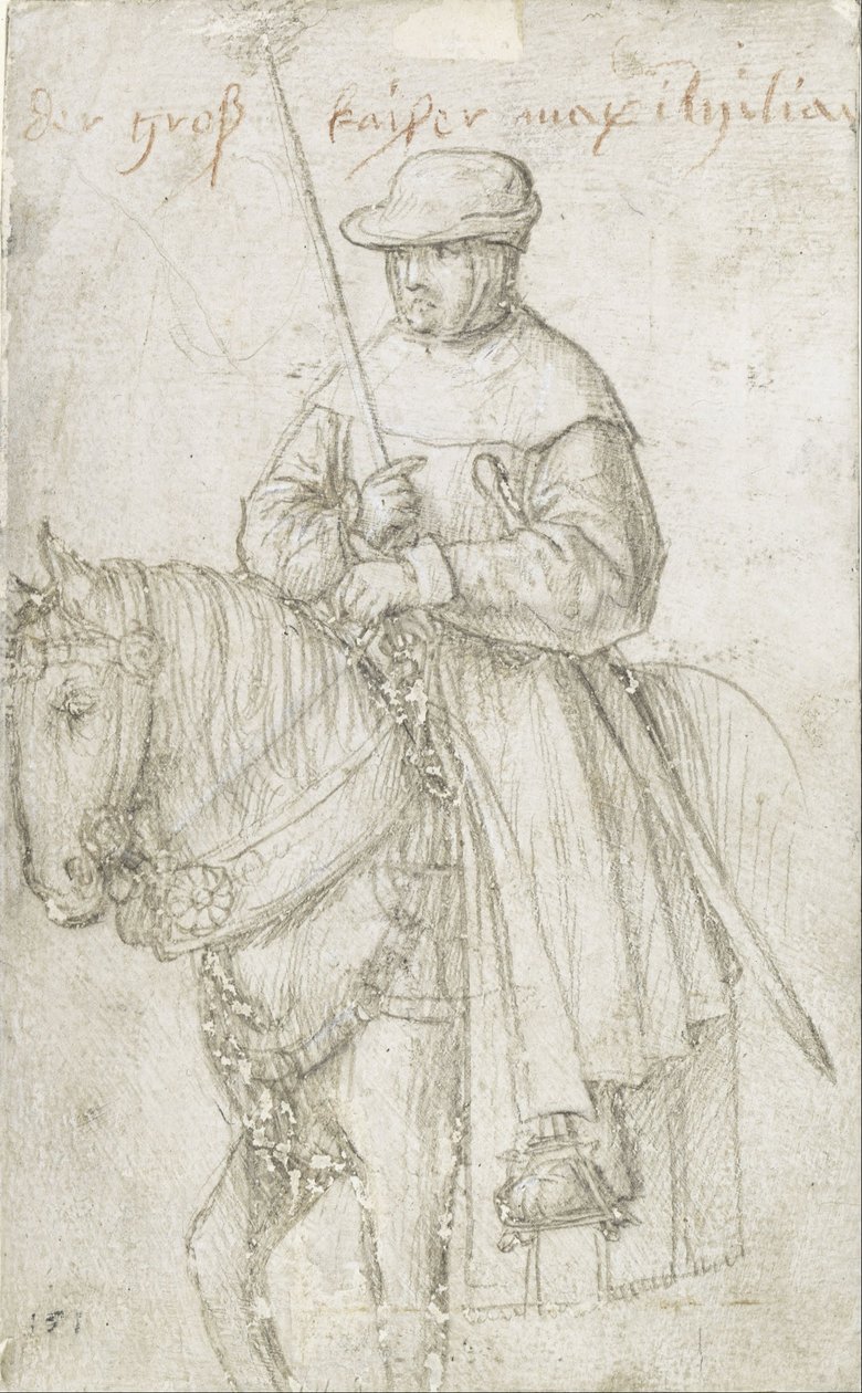 Císař Maxmilián I. v cestovním oblečení na koni od Hans Holbein the Elder