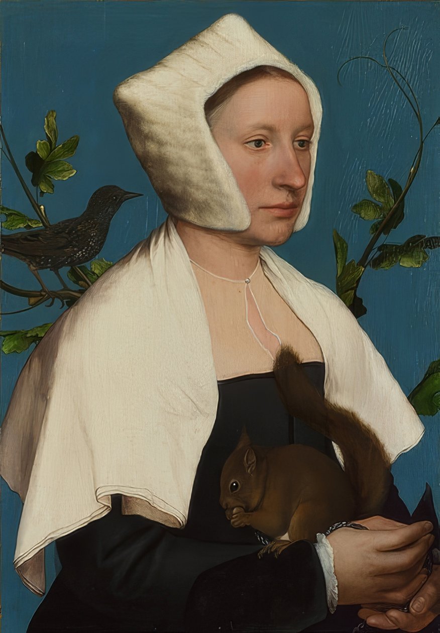 Dáma s veverkou a hvězdou (Anne Lovell?). Kolem 1526-28 od Hans Holbein der Jüngere