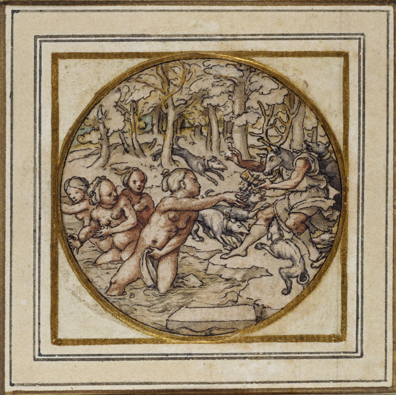 Diana a Actaeon - Design pro odznak přívěsku nebo klobouku, c.1532-43 (pero a inkoust na papíře) od Hans Holbein der Jüngere