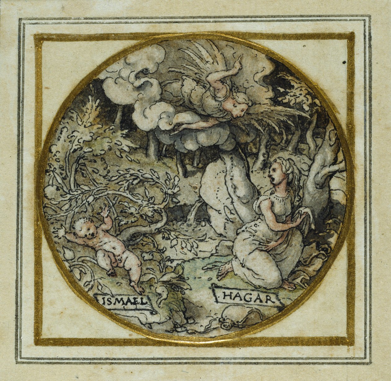 Hagar a Ishmael - Design pro přívěsek nebo odznak klobouku, c.1532-43 (pero a inkoust na papíře) od Hans Holbein der Jüngere