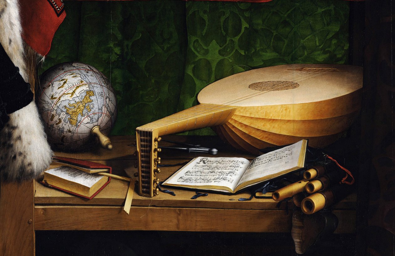 Velvyslanci (Jean de Dinteville (1504-1555 nebo 1557) a Georges de Selve (1506-1541). (Velvyslanci (Jean de Dinteville a Georges de Selve). Detail přístrojů na spodní polici: zeměkoule, knižní aritmetika , loutna se spol od Hans Holbein der Jüngere