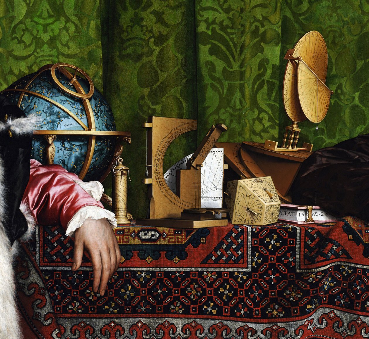 Les Ambassadeurs (Jean de Dinteville (1504-1555 nebo 1557) a Georges de Selve (1506-1541). (The Ambassadors (Jean de Dinteville a Georges de Selve). (nebo tortetum) a cad od Hans Holbein der Jüngere