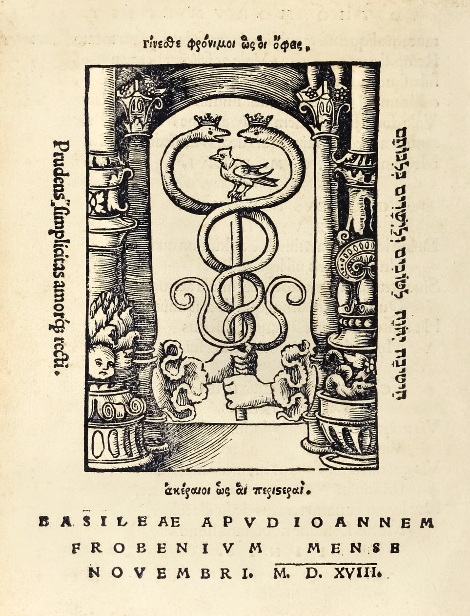 Tiskařská značka Johanna Frobense (asi 1460-1527) zobrazující dvě ruce držící caduceus ze třetího vydání 