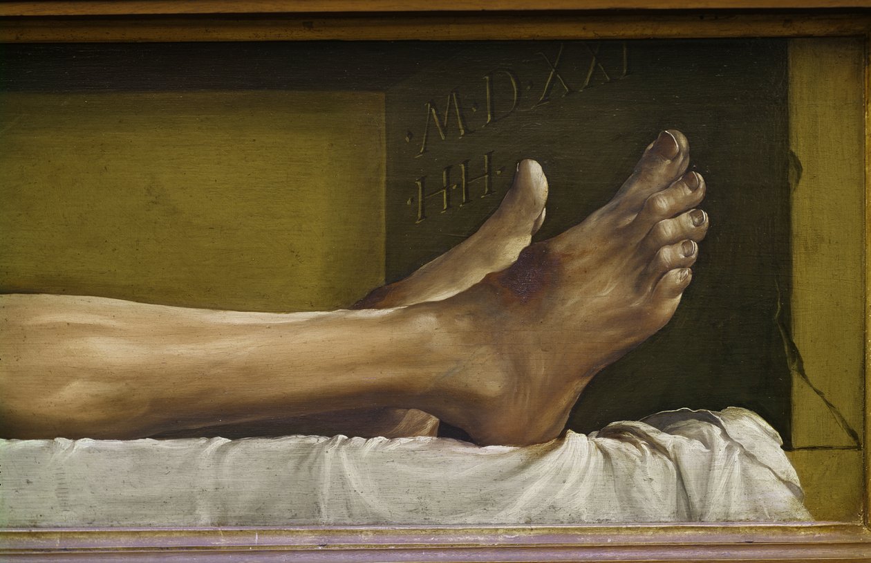 Tělo mrtvého Krista, detail nohou a podpis a datum díla, 1521 tempera na lipovém dřevě od Hans Holbein der Jüngere