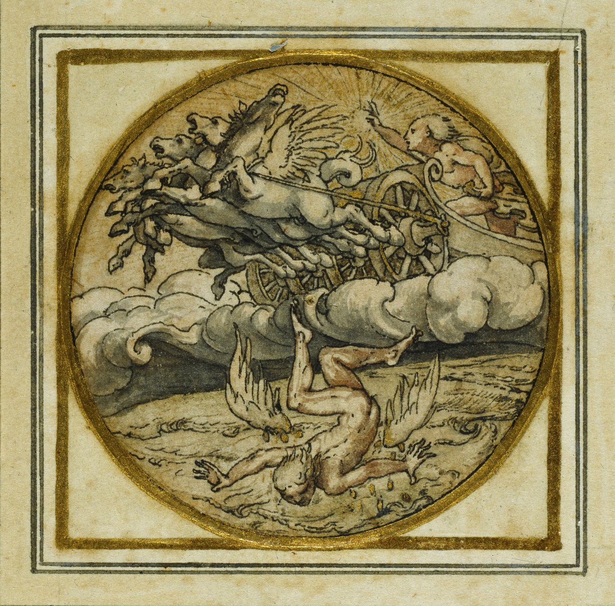 The Fall of Icarus - Design pro přívěsek nebo odznak klobouku, c.1532-43 (pero a inkoust na papíře) od Hans Holbein der Jüngere