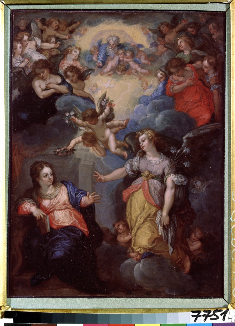 Zvěstování. Obraz Hanse Rottenhammera Groina (1564-1625). Olej na mědi, 37 x 21 cm. Německé umění, manýrismus. Státní muzeum zahraničního umění Lotyšské republiky, Riga (Lotyšsko). od Hans I or Johann Rottenhammer