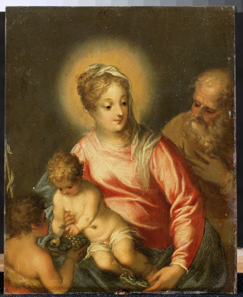 Svatá rodina se svatým Janem Křtitelem. Obraz Hanse Rottenhammera Groina (1564-1625). Olej na mědi, 27,5 x 35 cm, konec 16. začátek 17. století. Německé umění, barokní styl. Puškinovo muzeum výtvarného umění, Mos od Hans I or Johann Rottenhammer
