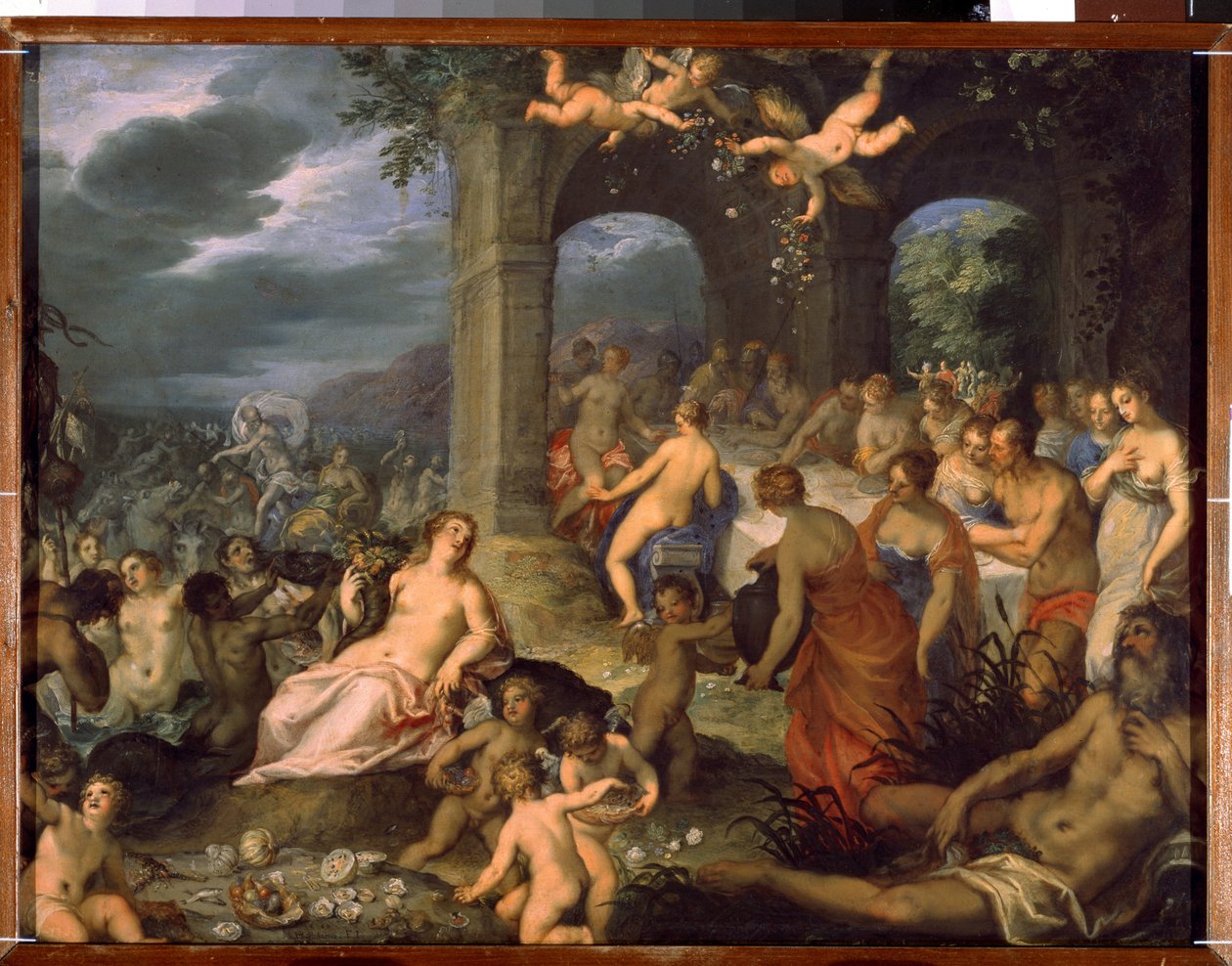 Svátek bohů, svatba Pelea a Thetis. Vlevo Merinská božstva (mloci a naidi). Uprostřed bohyně Země Tellus Mater (nebo Terra Mater nebo Gaia) s abonským rohem od Hans I or Johann Rottenhammer