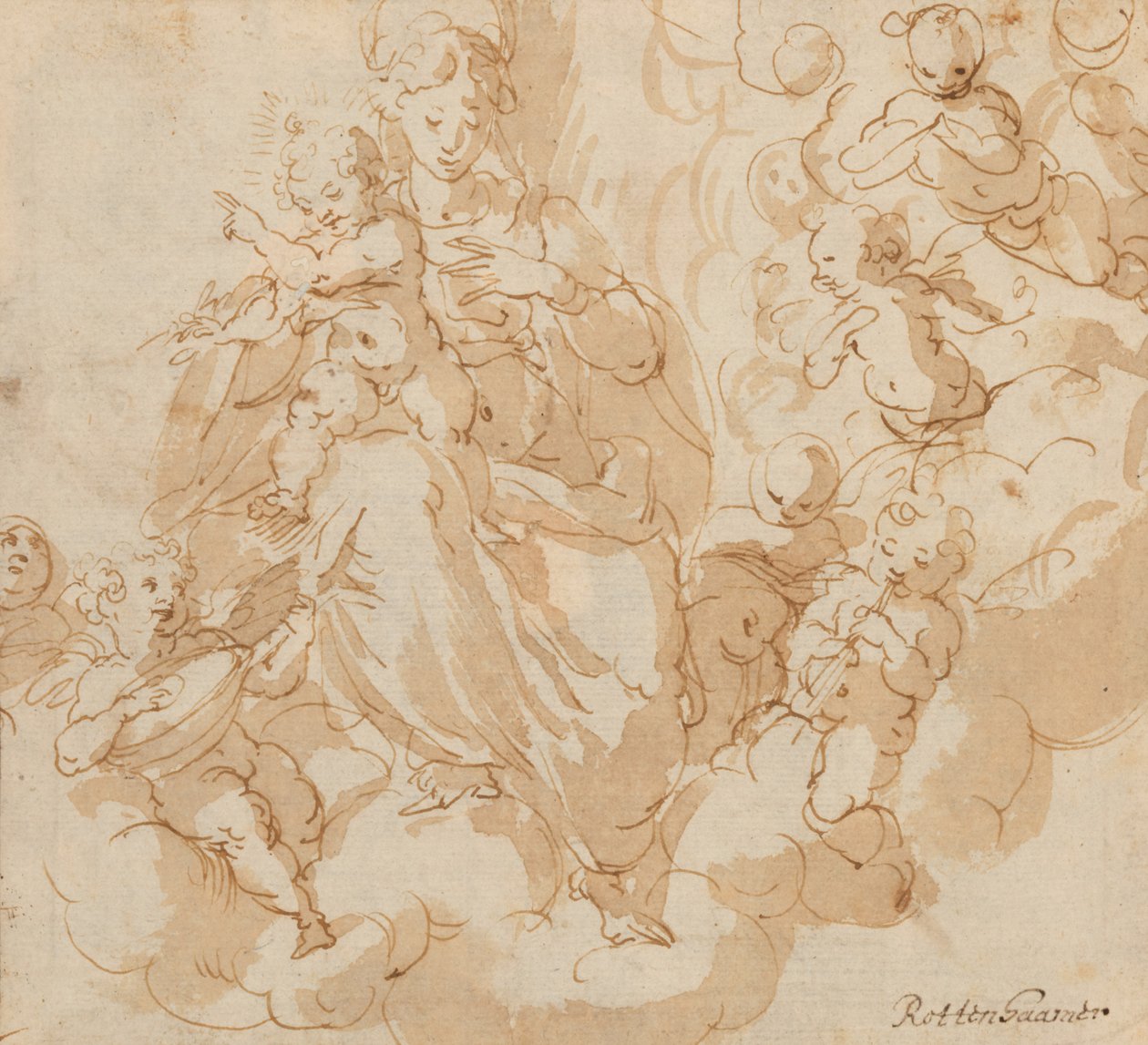 Recto: Panna a dítě sedící na oblacích, obklopené putti od Hans I or Johann Rottenhammer