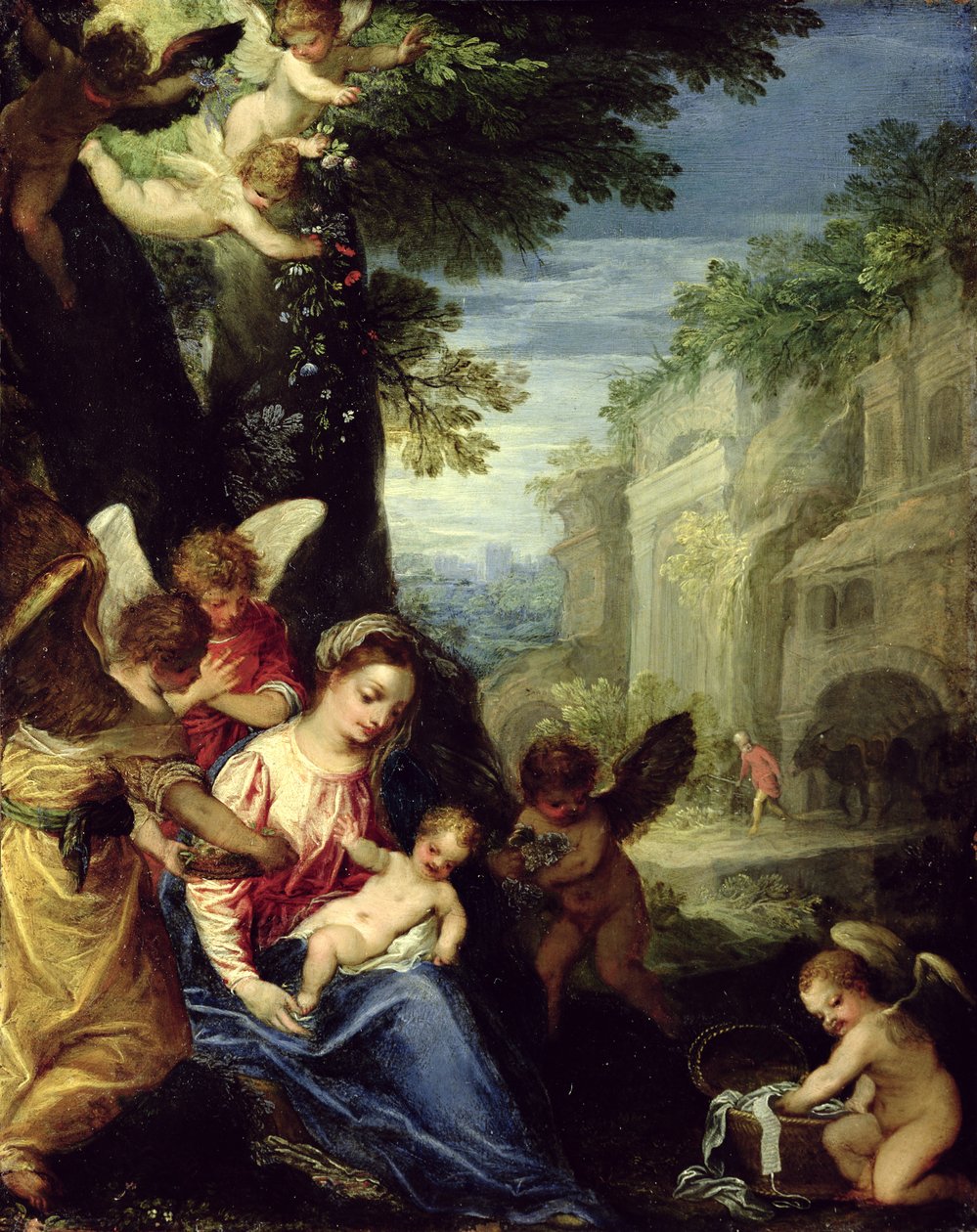 Odpočinek během letu do Egypta, 1597 (olej na mědi) od Hans I or Johann Rottenhammer