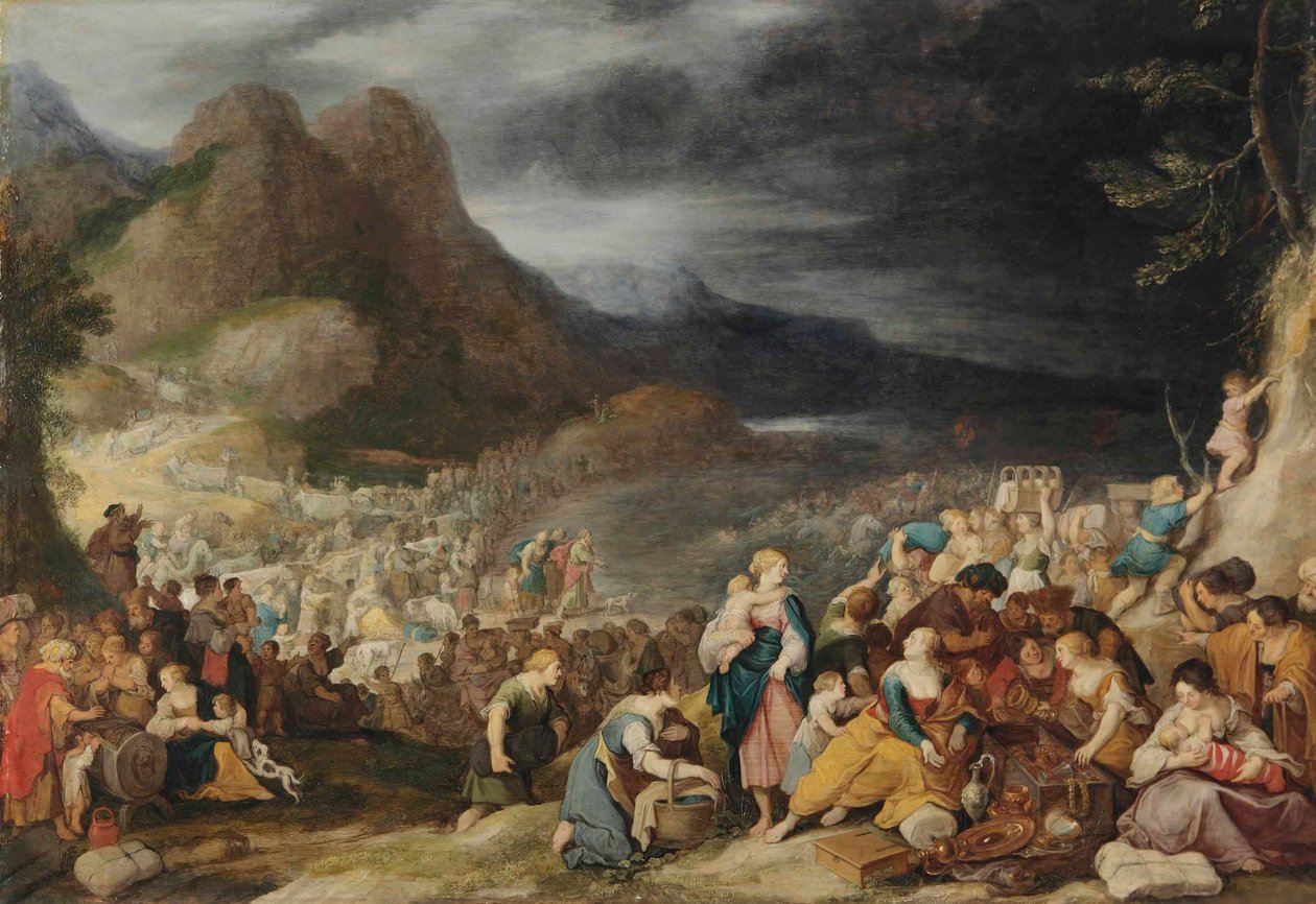 Přechod Rudým mořem, faraonova armáda se utopí ve vlnách (Exodus 14,21-26). od Hans Jordaens III