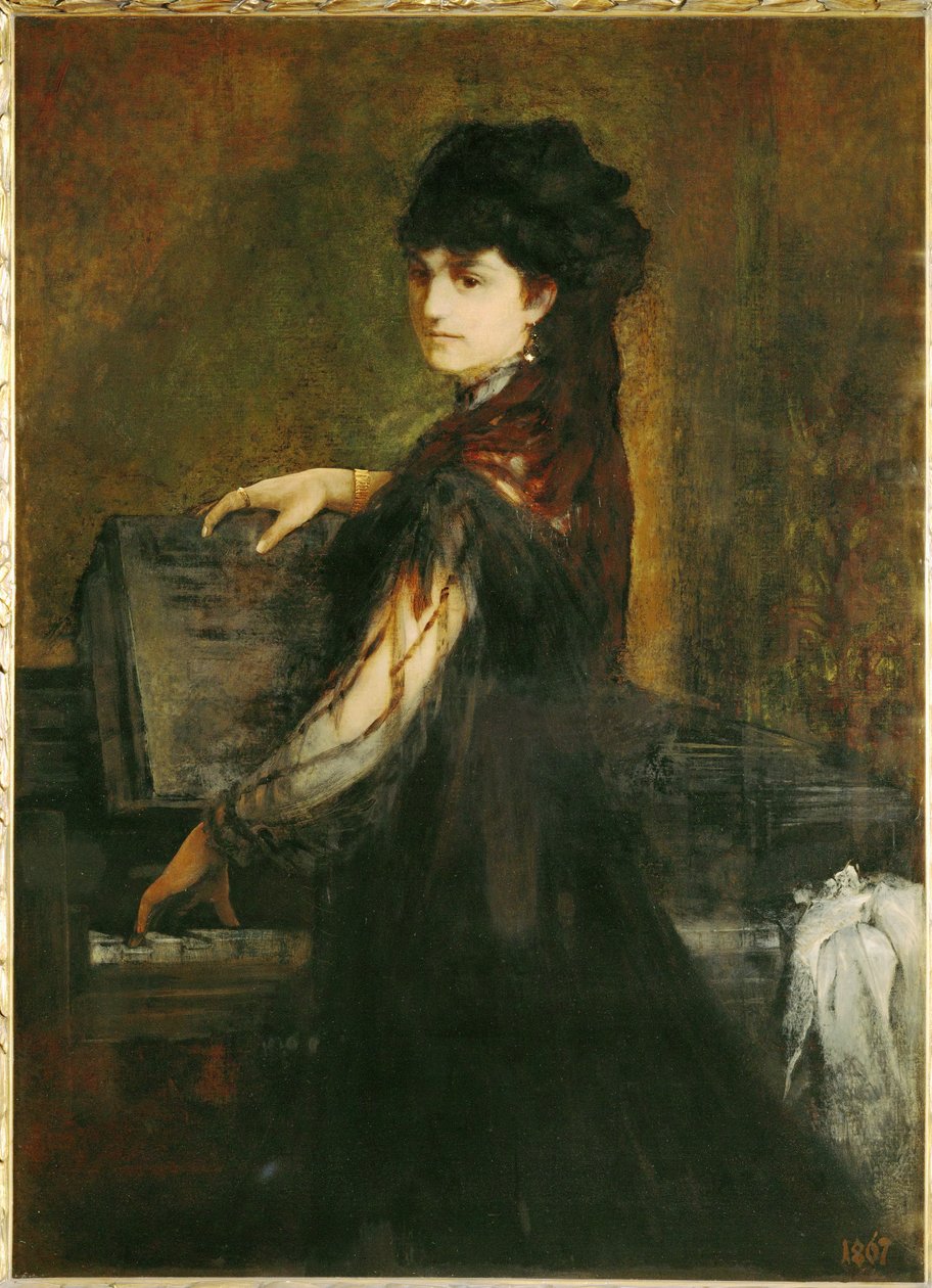 Amalie Makartová, rozená Rothmayrová, umělcova první žena, u klavíru ... (malba na plátně) od Hans Makart