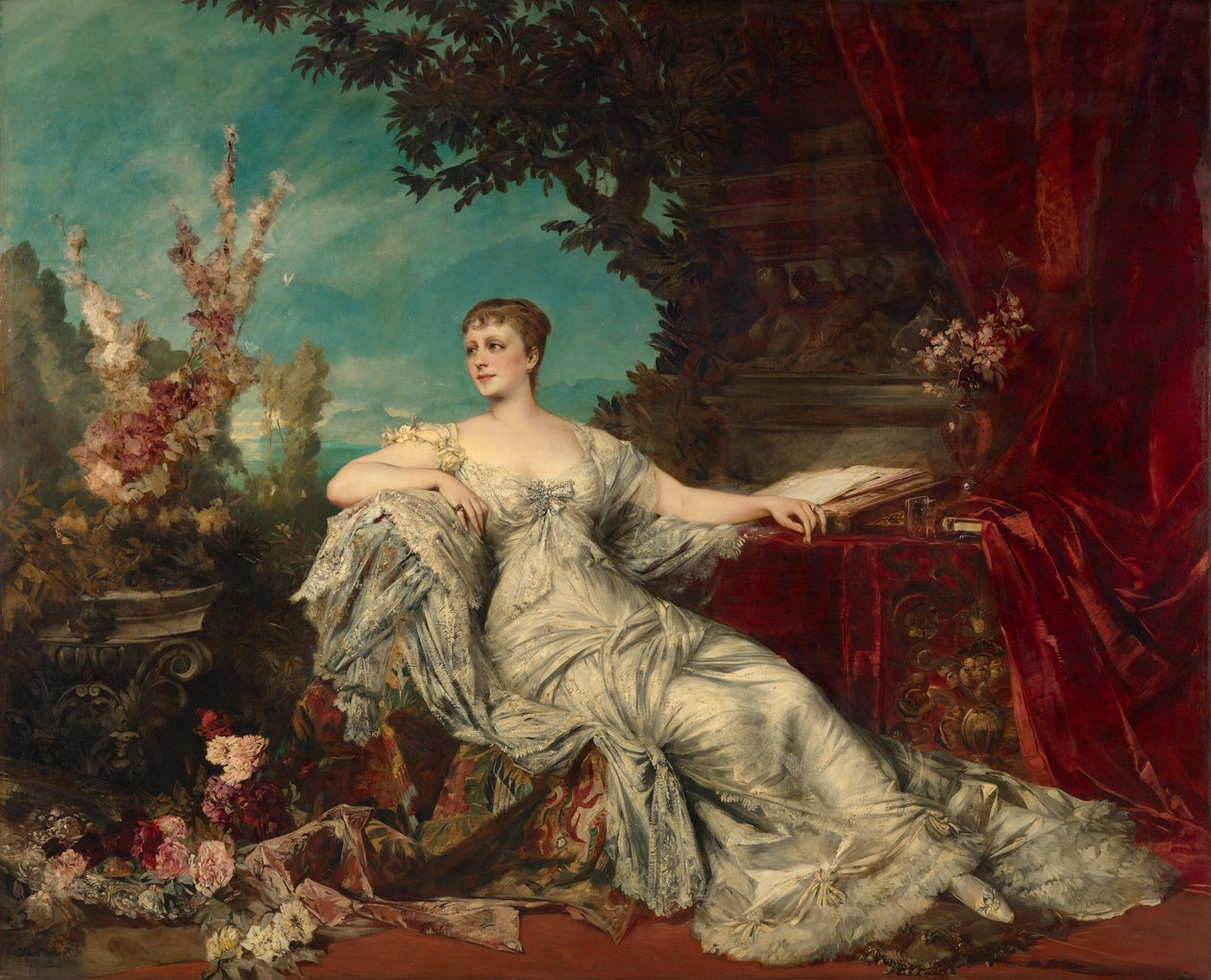 Sedící portrét hraběnky Gabrielle Louise Marie Duchâtel (1854-1889), manželky francouzského velvyslance ve Vídni. od Hans Makart