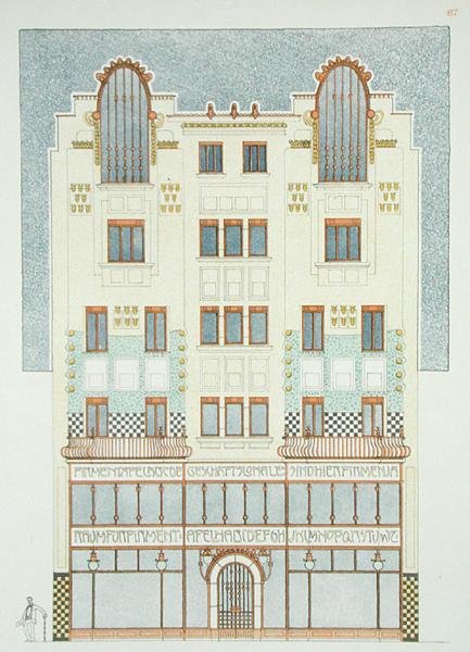 Návrh pětipodlažní budovy, počátek 20. století, z knihy "Documents Architecture Moderne" (barevná litografie) od Hans Mayr