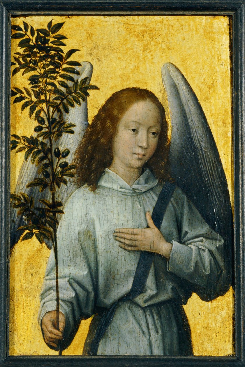 Anděl držící olivovou ratolest, symbol Božího míru... od Hans Memling