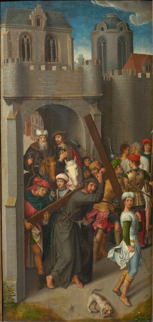 Triptych Kalvárie: Kristus nesoucí kříž, levé křídlo, 80. léta 14. století. od Hans Memling