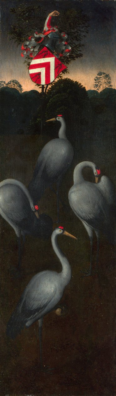 Jeřáby s erbem rodu Pagagnotti Rubová strana panelu z triptychu, c. 1480 od Hans Memling