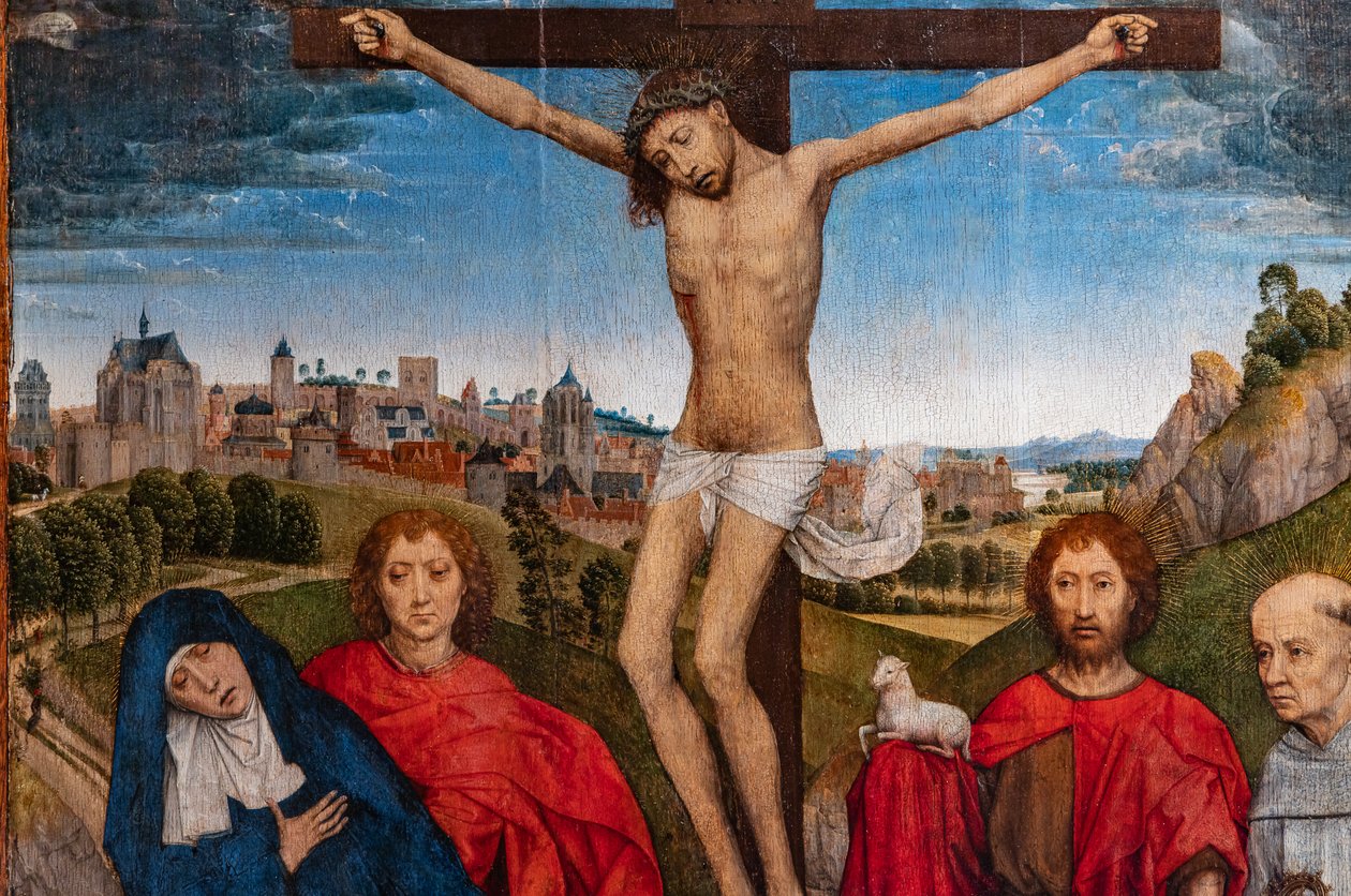 Ukřižovaný Kristus s Pannou, svatý Jan Křtitel a evangelista, Marie Magdalena a dva cisterciáci opatové, detail od Hans Memling