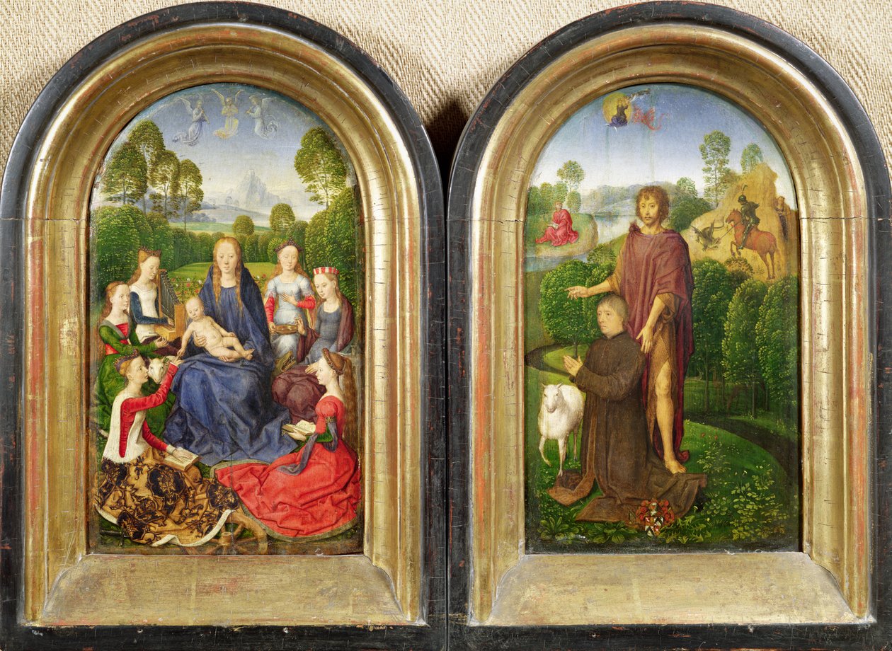 Diptych Jeana du Cellier: Panna a dítě se svatými a dárcem předložený sv. Janem Křtitelem, kolem roku 1490 od Hans Memling