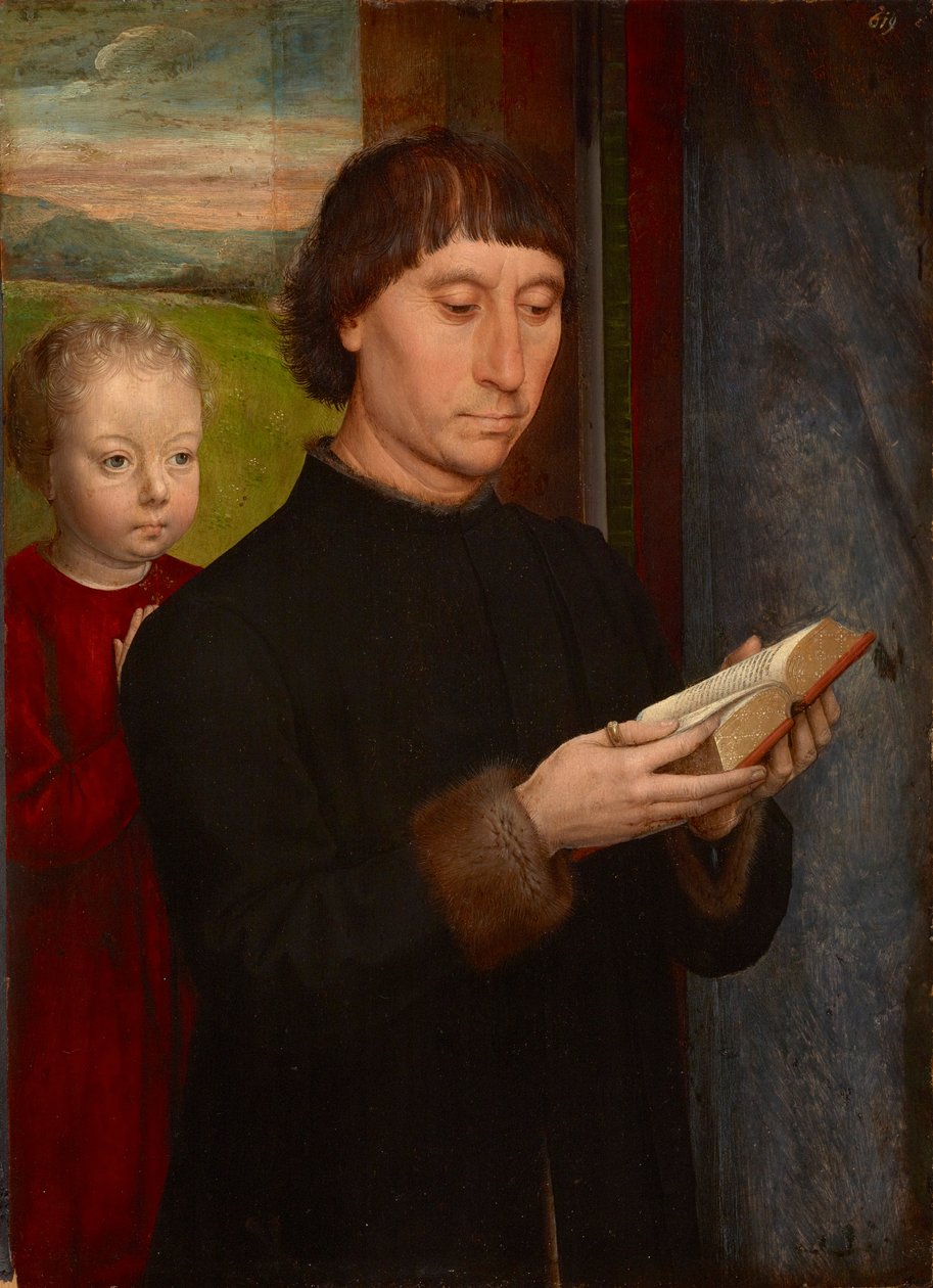 Homme en priere avec son fils defunt - Modlící se muž se svým zesnulým synem, od Memlinga, Hanse (1433/40-1494). Olej na dřevě od Hans Memling