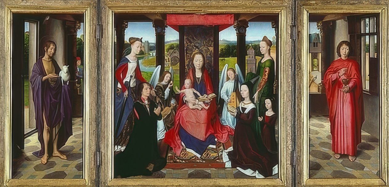 Panna s dítětem a svatými (The Donne Triptych). Kolem roku 1478 od Hans Memling