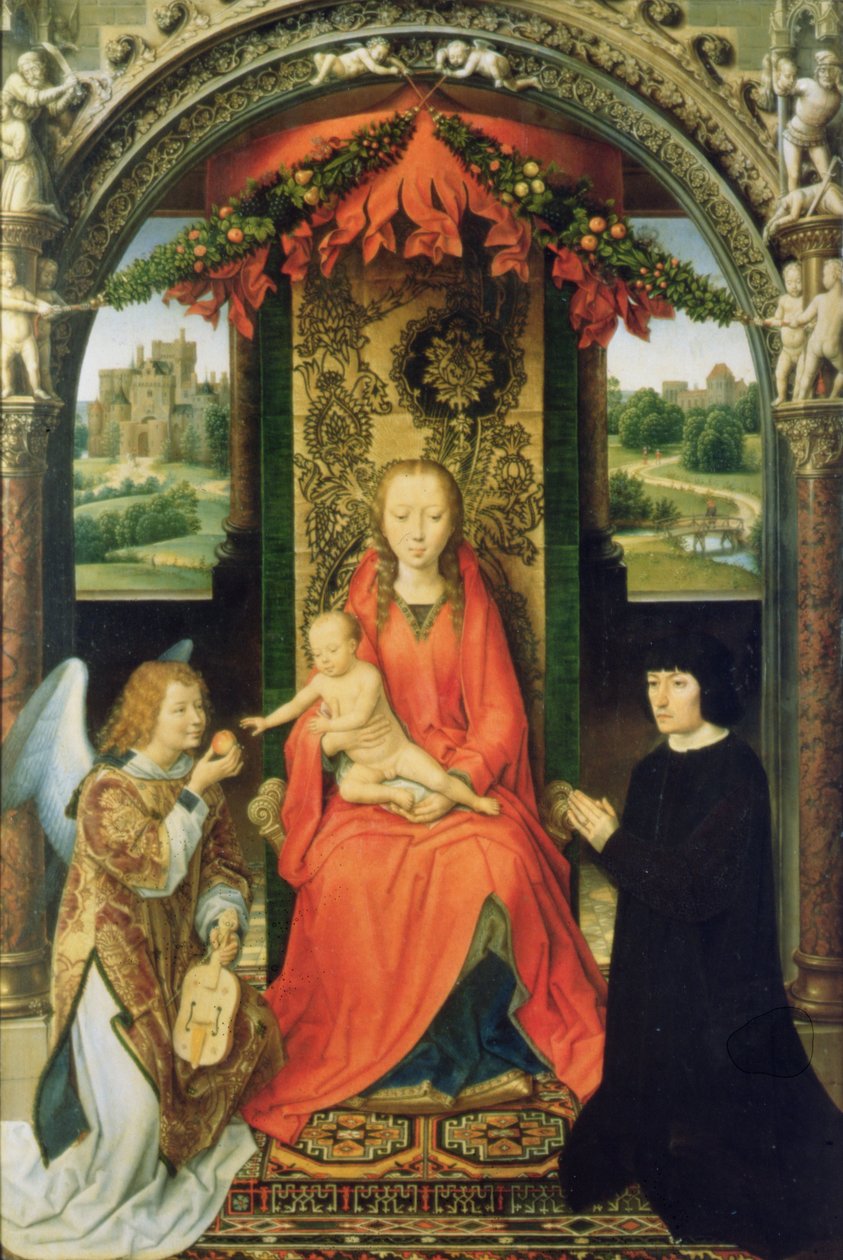 Madona s dítětem s dárci a andělem, ústřední panel triptychu, 1485-90 (panel) od Hans Memling