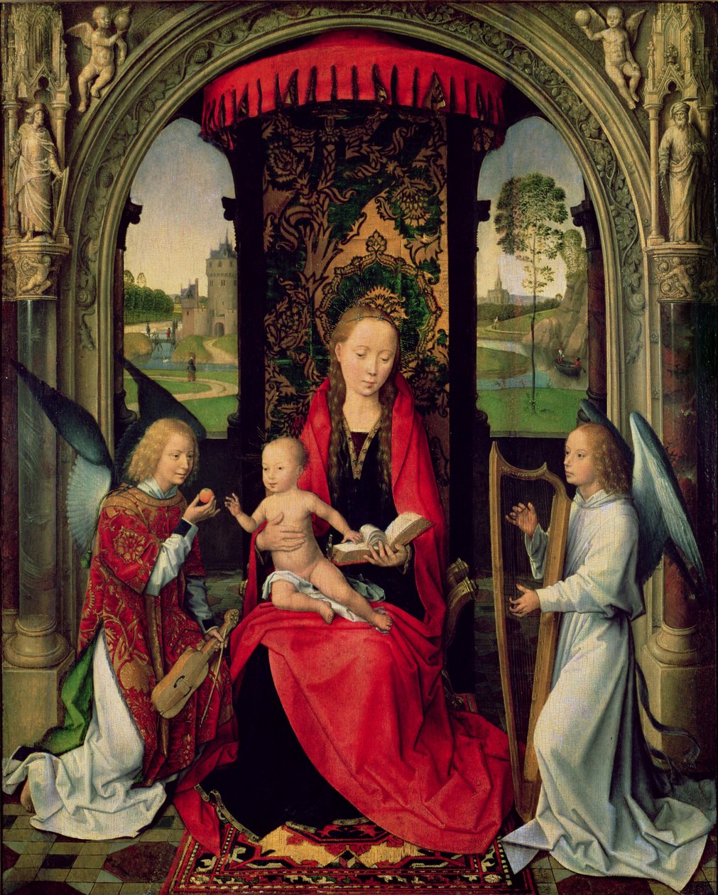 Madonna a dítě se dvěma anděly (olej na panelu) od Hans Memling