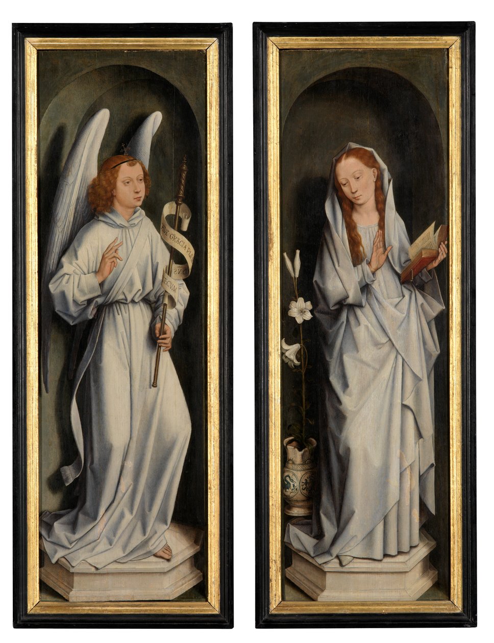 Zadní strana páru křídel zobrazující Zvěstování (olej na panelu) od Hans Memling